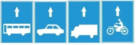 Tại đoạn đường có biển "Làn đường dành riêng cho từng loại xe" dưới đây, các phương tiện có được phép chuyển sang làn khác để đi theo hành trình mong muốn khi đến gần nơi đường bộ giao nhau hay không? Tại đoạn đường có biển "Làn đường dành riêng cho từng loại xe" dưới đây, các phương tiện có được phép chuyển sang làn khác để đi theo hành trình mong muốn khi đến gần nơi đường bộ giao nhau hay không?