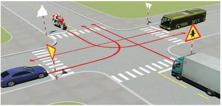 Bộ 600 Câu Hỏi Sát Hạch Lái Xe Cơ Giới Đường Bộ 33 Câu 487. Theo hướng mũi tên, thứ tự các xe đi như thế nào là đúng quy tắc giao thông?