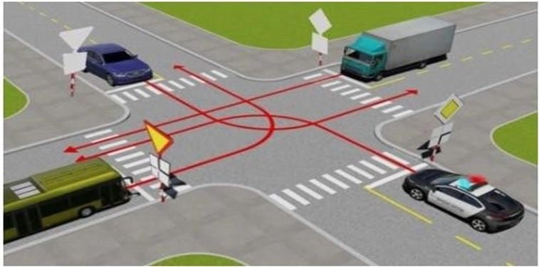 Bộ 600 Câu Hỏi Sát Hạch Lái Xe Cơ Giới Đường Bộ 34 Câu 489. Theo hướng mũi tên, thứ tự các xe đi như thế nào là đúng quy tắc giao thông?