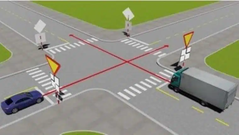 Bộ 600 Câu Hỏi Sát Hạch Lái Xe Cơ Giới Đường Bộ 43 Câu 497. Theo hướng mũi tên, xe nào phải nhường đường là đúng quy tắc giao thông?