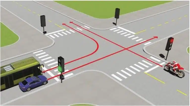 Bộ 600 Câu Hỏi Sát Hạch Lái Xe Cơ Giới Đường Bộ 45 Câu 499. Theo tín hiệu đèn, xe nào được phép đi?