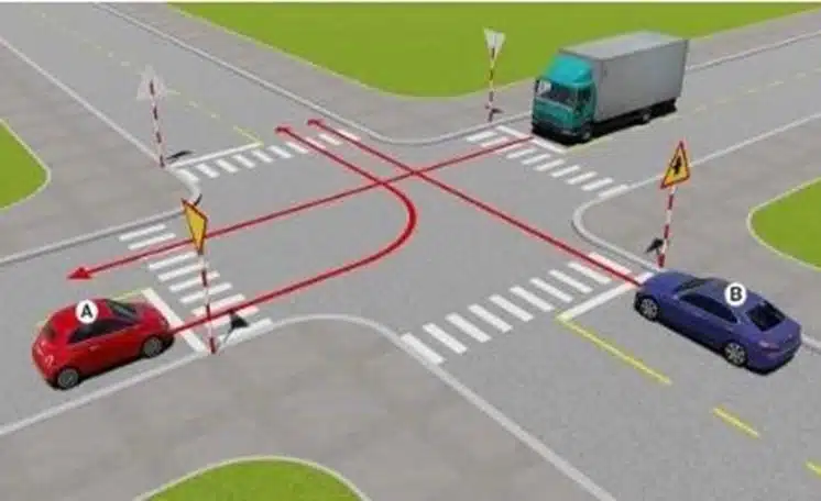 Bộ 600 Câu Hỏi Sát Hạch Lái Xe Cơ Giới Đường Bộ 52 Câu 506. Theo hướng mũi tên, xe nào được quyền đi trước?